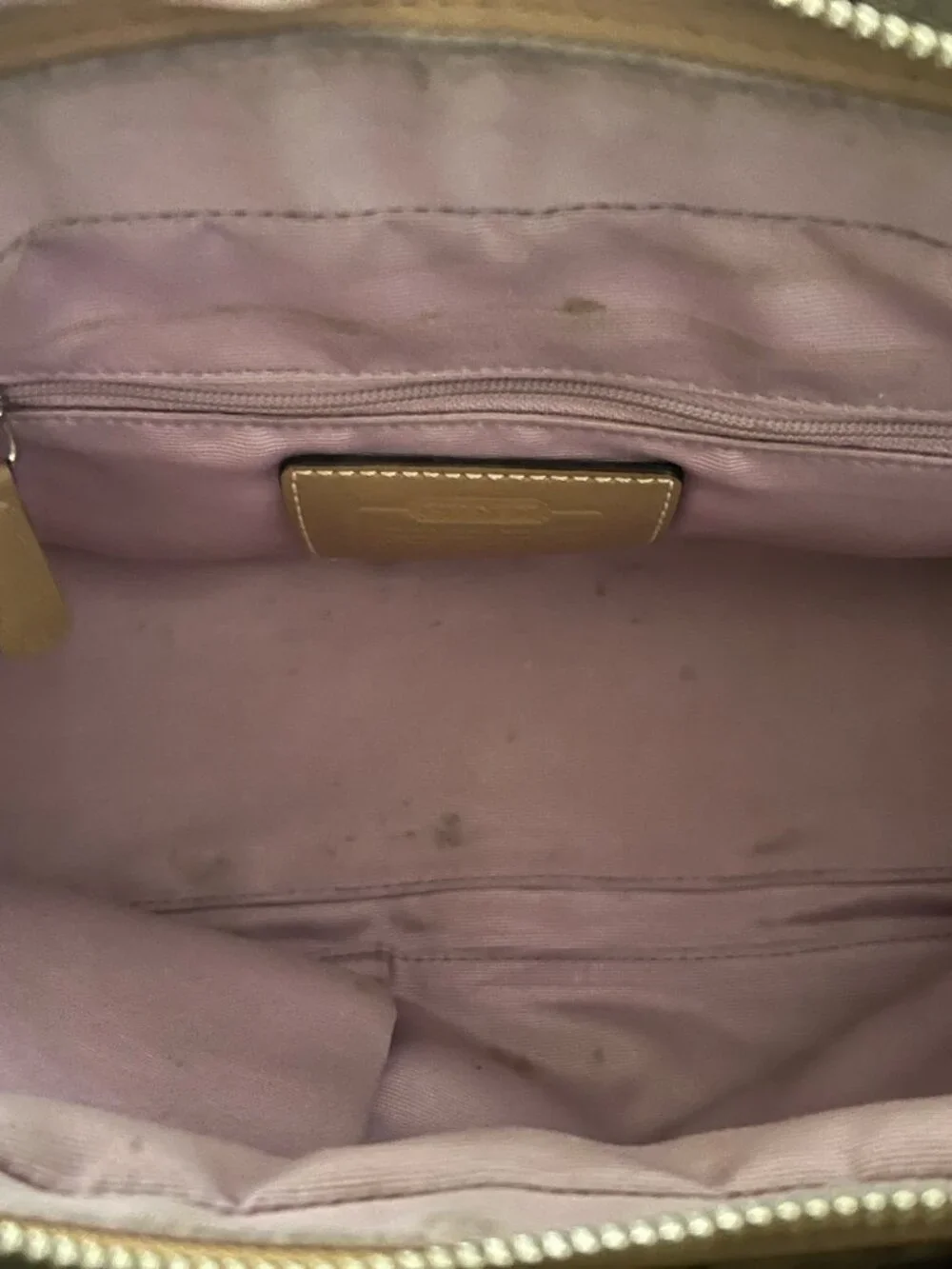 Coach signature monogram canvas satchel handbag with tan leather trim and dual